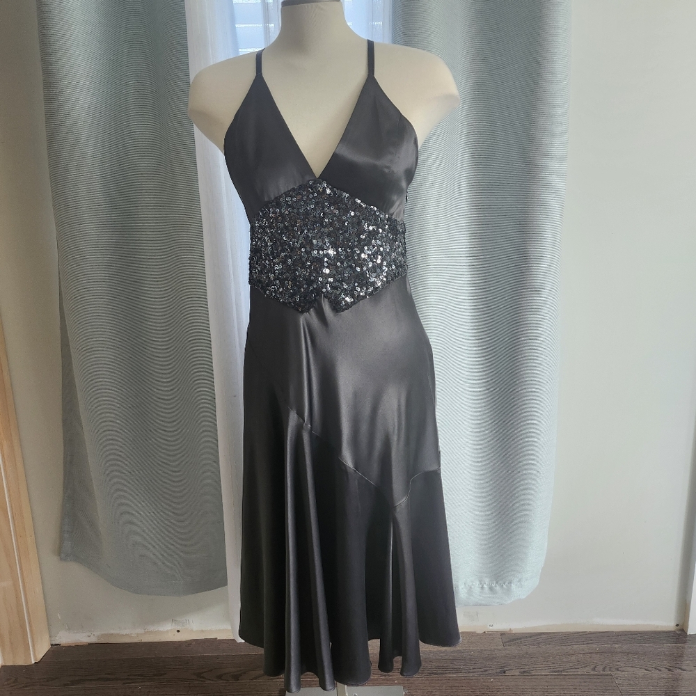 BCBGMAXAZRIA Charcoal Grey Silk  Halter Slip Cami Sequin Midi Gown Size 10 Event